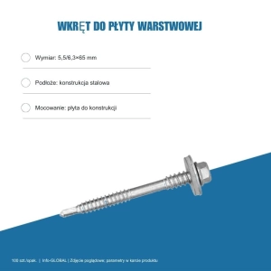 Wkręt do płyty warstwowej Info-GLOBAL AR6 W CSG 5,5/6,3×65 mm, bez lakieru, 100 szt.